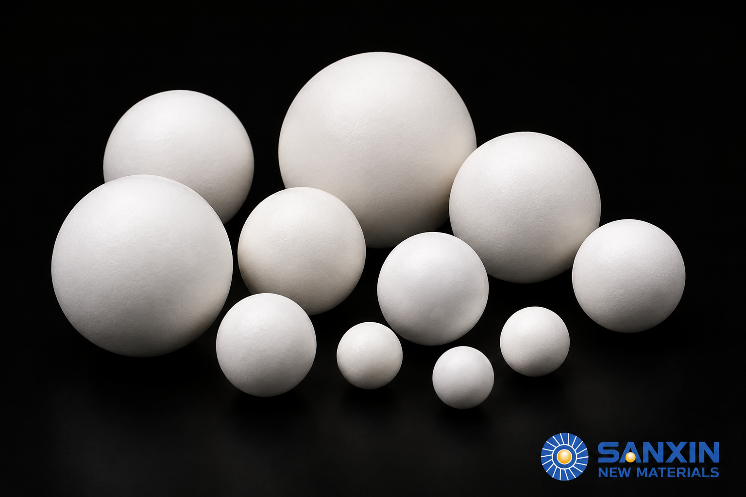 Sanxin white spherical alumina ceramic grinding balls on a black background