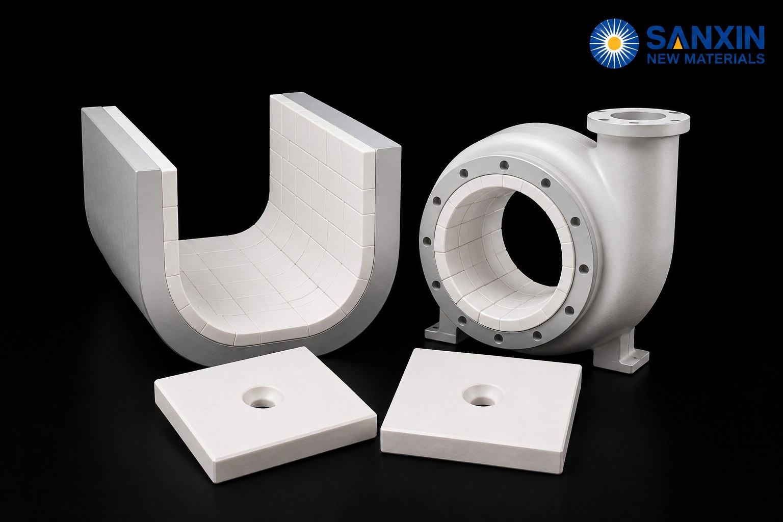 Concept illustration of white alumina ceramic mounting tiles, a U-shaped trough liner and a ceramic-lined volute housing on a black background.