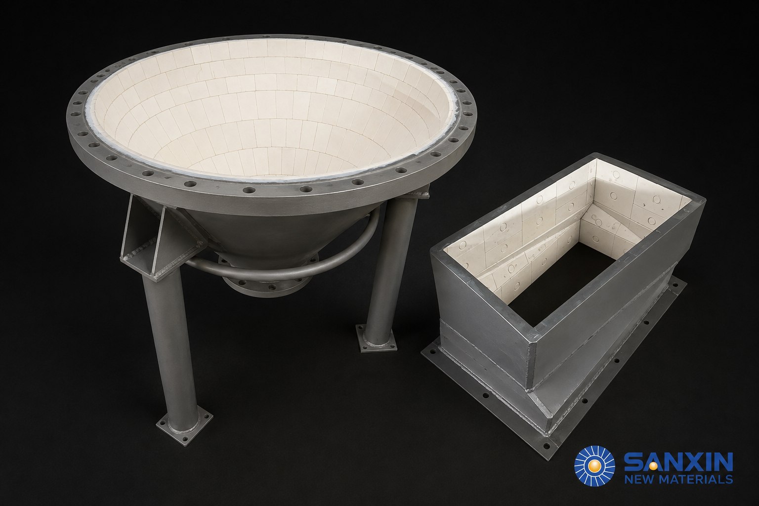 Illustrative Sanxin alumina ceramic-lined hopper and rectangular chute transition with fitted white liner tiles