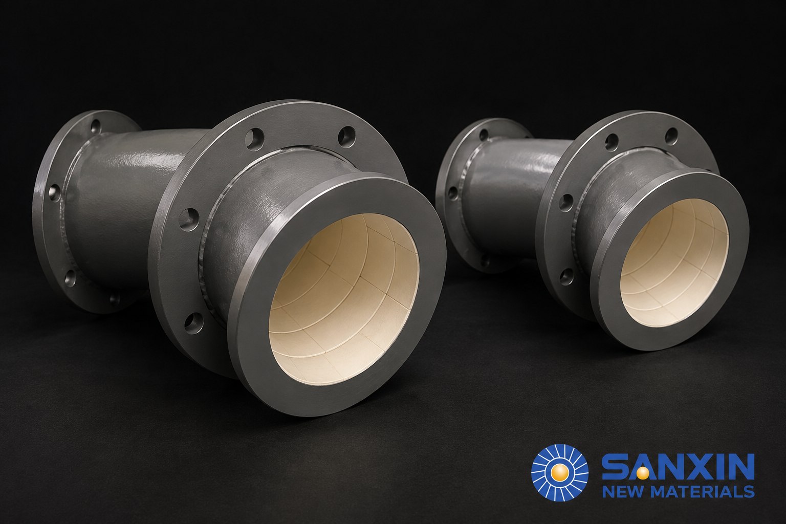 Illustrative Sanxin ceramic-lined steel elbows with flanges and visible segmented ceramic bores