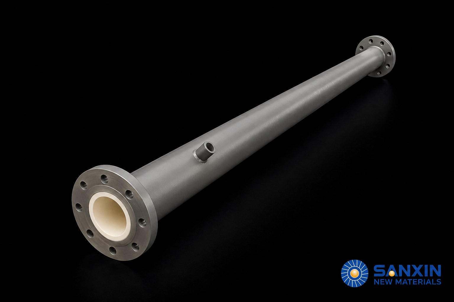 Sanxin ceramic-lined steel straight pipe with flanged ends and a visible white ceramic bore