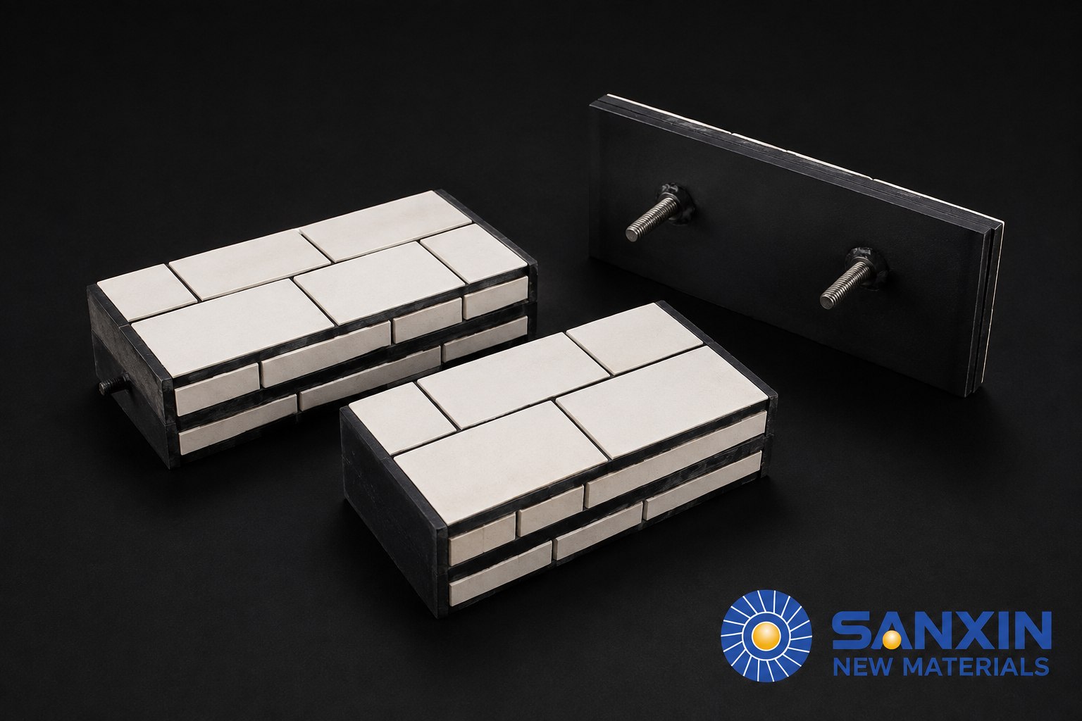 Illustrative Sanxin rectangular ceramic rubber steel liner modules with white ceramic tiles and mounting studs